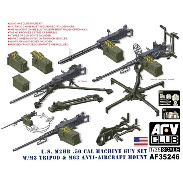 AFV Club AF35246 1/35 U.S. M2Hb .50 Cal Machine Gun Set w/M3 Tripod and M63 AntiAircraft Mount